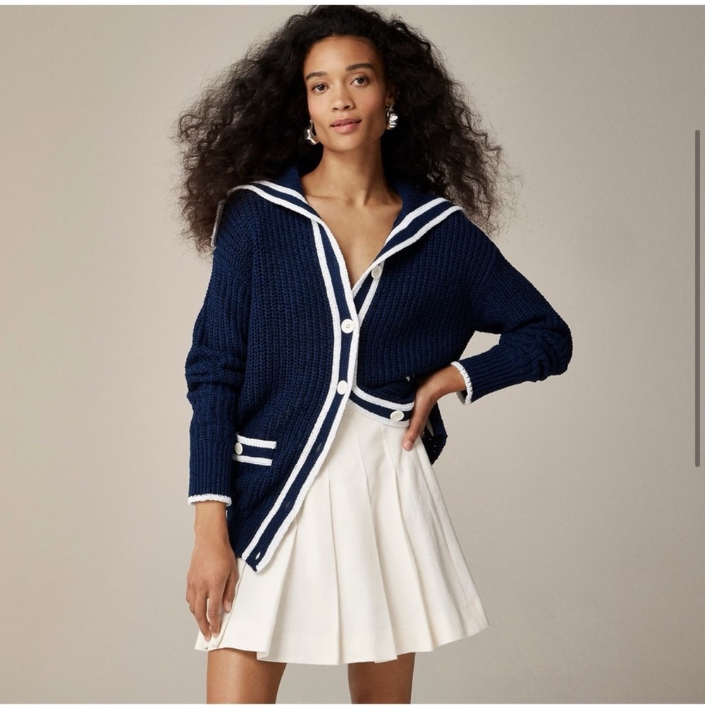 J. Crew Navy Blue and White Sailor Collar Knit Cardigan